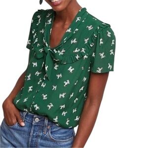 Anthropologie Maeve Adagio Green Dog Print Ruffle Tie Neck Blouse - S